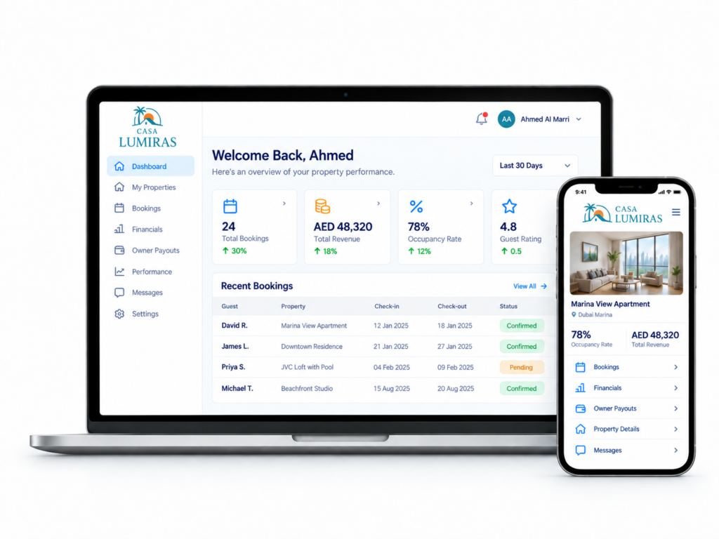 Casa Lumiras owner portal dashboard for holiday home and short-term rental property management in Dubai
