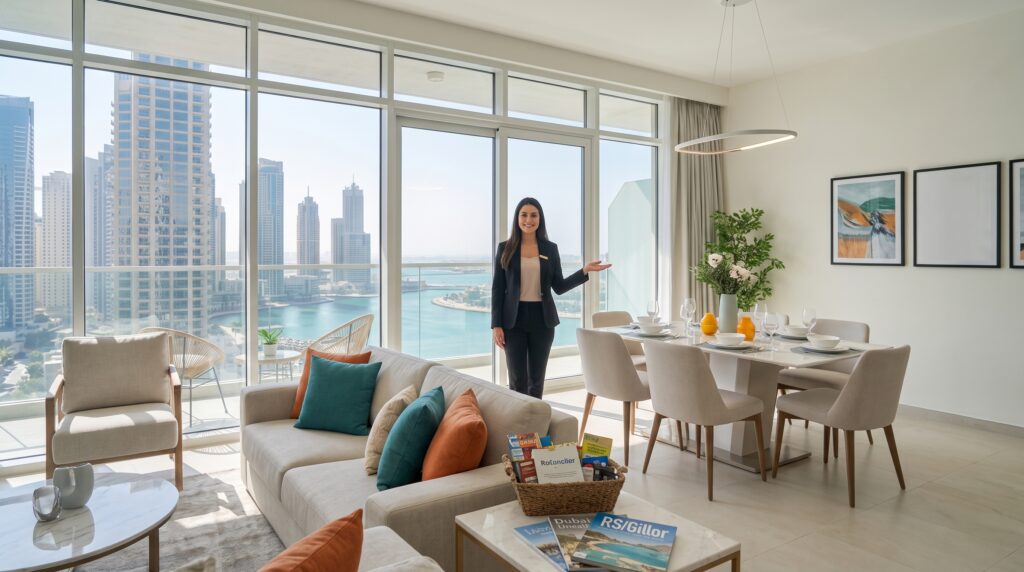 Professional holiday home property manager welcoming guests inside a luxury furnished Dubai Marina apartment, offering short term management Dubai services.